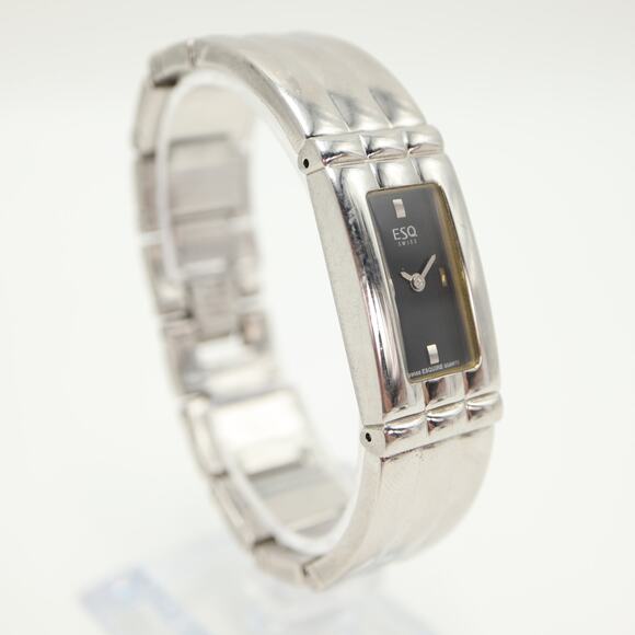 Vintage ESQ Womens Silver Tone 18mm Black Tank Watch 6.5" Bracelet w New Battery - Picture 7 of 12